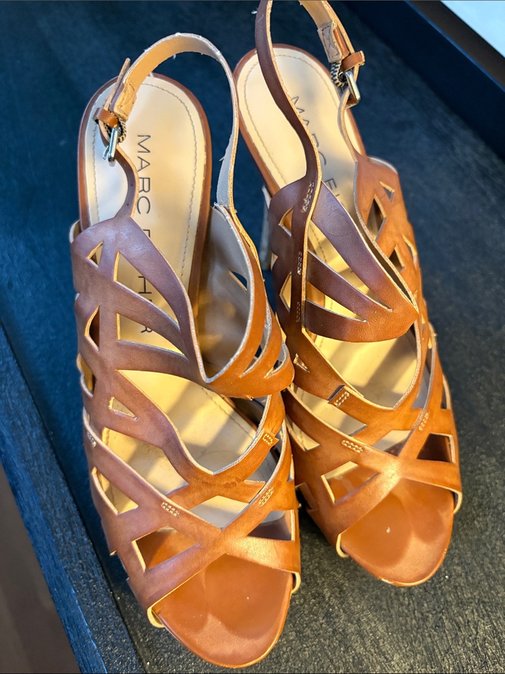 Marc Fisher Tan/Brown Cutout Slingback Sandals